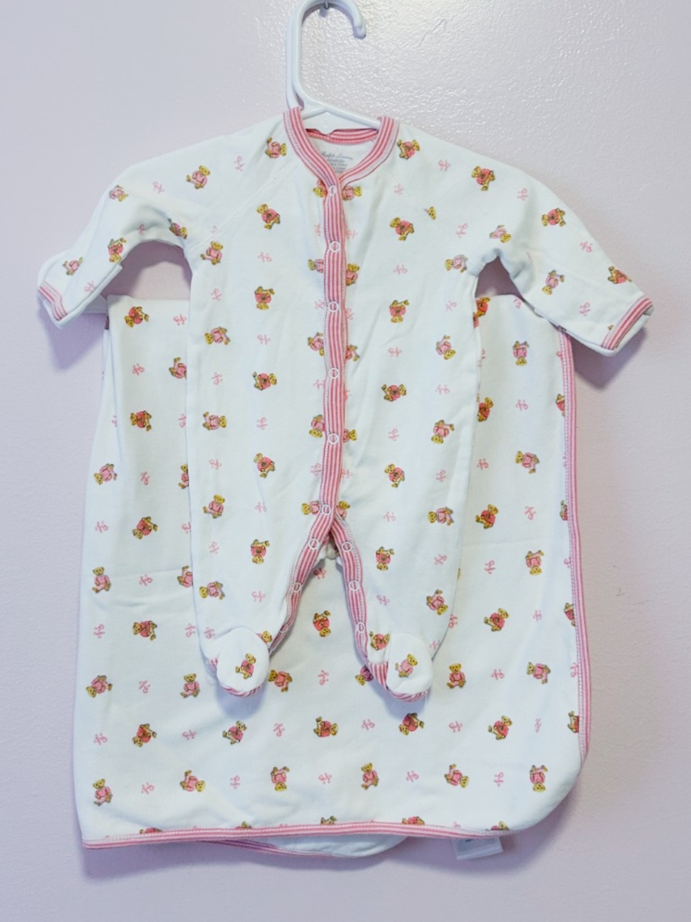Ralph Lauren Pink Bear Print Blanket and Newborn Sleeper